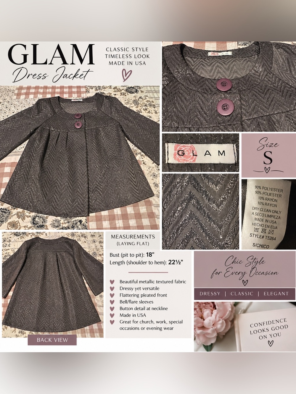 GLAM Women’s Small Metallic Gray Chevron Bell Sleeve Dress Jacket Made USA